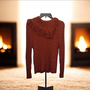 Alfred Dunner Red Speckled Fringe Collar Sweater Size Medium
